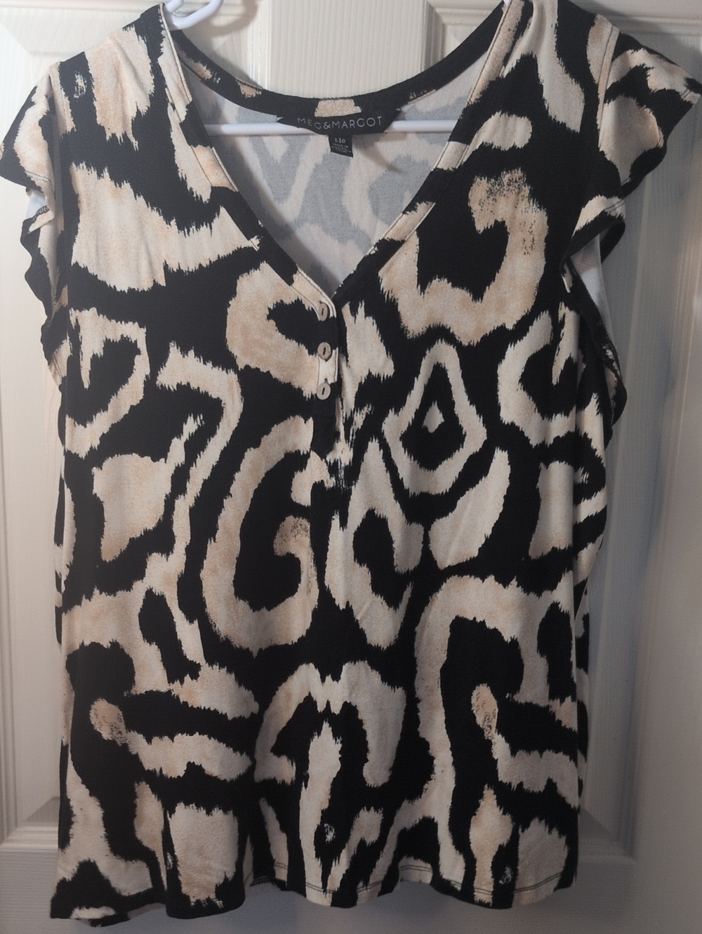 Black and Cream Animal Print V-Neck Blouse, Size Lg.